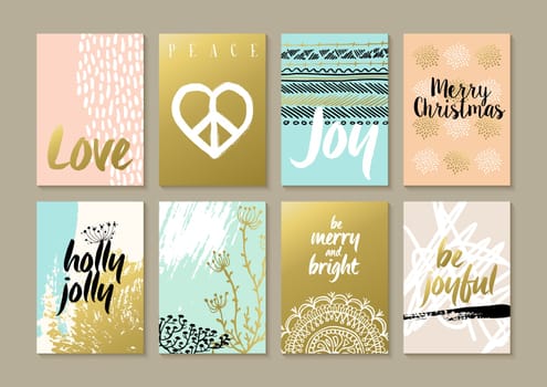 Merry Christmas retro hipster boho card template set with vintage hippie style elements and trendy holiday text quotes in gold metallic color. Ideal for xmas greetings. EPS10 vector.   .