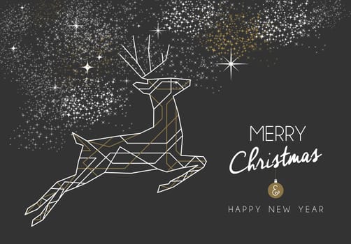Merry christmas happy new year jumping deer design in art deco outline style. Ideal for xmas greeting card or holiday poster. EPS10 vector.
