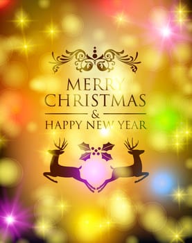 Merry christmas happy new year deer and holly ornament label with vintage decoration on golden bokeh lights background. Ideal for xmas greeting card, holiday party invitation or poster. EPS10 vector.