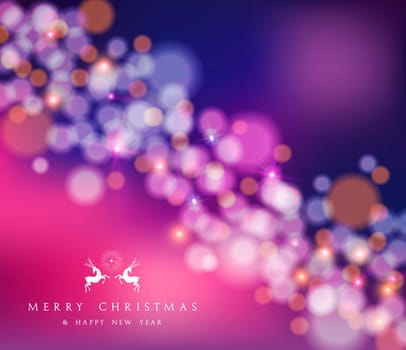 Merry christmas happy new year blur bokeh lights and star background with deer label. Ideal for xmas greeting card or holiday party invitation. EPS10 vector.