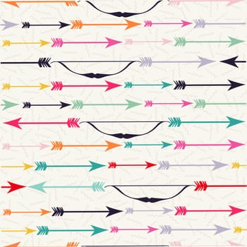 Bow and arrow indian boho style seamless pattern design on geometry texture background. Ideal for web backdrop. EPS10 vector.