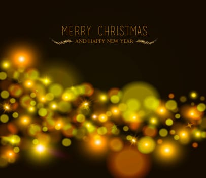 Merry christmas happy new year blur bokeh lights, star and sparkle background with text. Ideal for xmas greeting card or holiday party invitation. EPS10 vector.   .