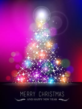 Merry Christmas happy new year bokeh style greeting card design. Xmas pine tree shape made with sparkle stars and colorful blurs. EPS10 vector.   .