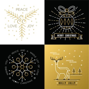 Merry Christmas golden outline label set with xmas ornament ball, snowflake, deer, and holly elements. Ideal for elegant holiday invitation or greeting card. EPS10 vector.