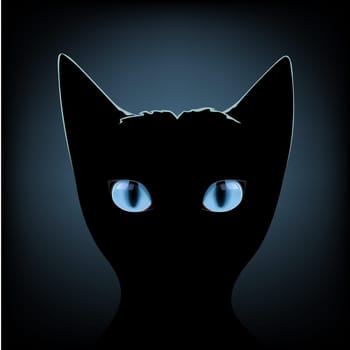 Silhouette of black cat with blue eyes on a dark background