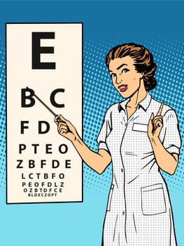 Woman ophthalmologist table verification of view pop art retro style. Medicine and eye health