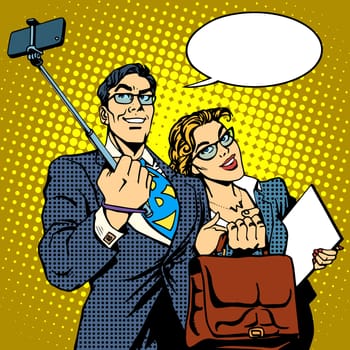 Selfie stick businessman and businesswoman photo smartphone pop art retro style. Couple man and woman friendly photo