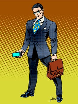 Stern businessman with a smartphone. Untied the laces on the Shoe. Super hero business concept