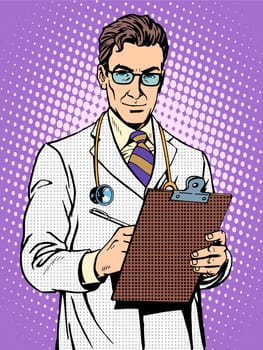 Doctor physician with stethoscope pop art retro style. Medicine and health of patients