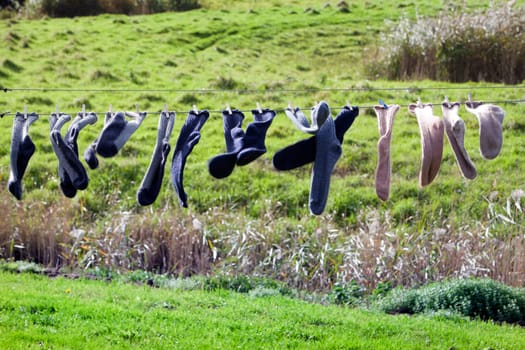 Rural scene of socks drying in the wind