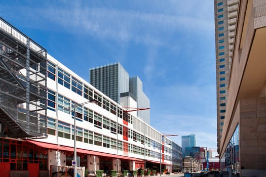 Skyline of Kop van Zuid, a neighborhood of Rotterdam in the Netherlands. It is located on the south bank of the river Meuse opposite the center of town.