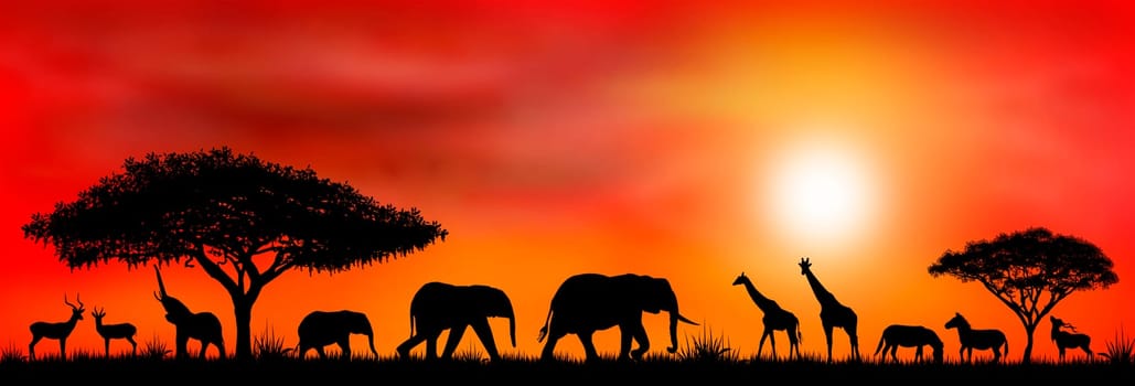 Silhouettes of wild animals of the African savannah.