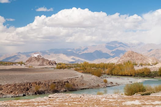 Stakna monastery with view of Himalayan mountains - it is a famous Buddhist temple in,Leh, Ladakh, Jammu and Kashmir, India.