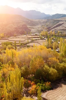 Beautiful sunset in small village at Leh during falls, Ladakh, India.