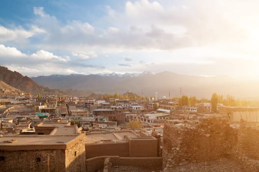 Sunset view of Leh city in falls, the town is located in the Indian Himalayas at an altitude of 3500 meters, North India