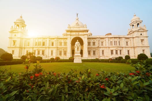 Front garden view landmark building Victoria Memorial in Kolkata or Calcutta, India.