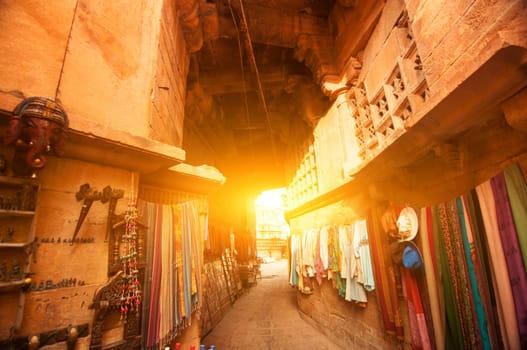Sunset view of shopping street in the fort of Jaisalmer, Rajasthan, India.