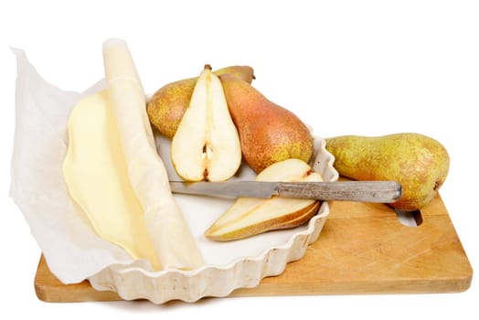 Ingredients pear tart, isolated on white background