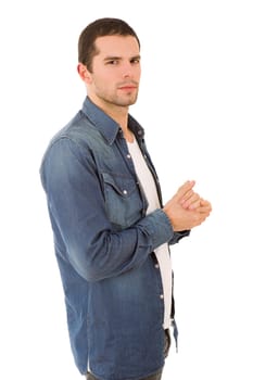 young casual man thinking, isolated on white