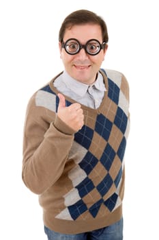 geek man going thumbs up, isolated on white