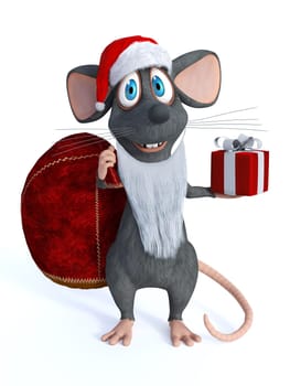 A cute smiling cartoon mouse dressed as Santa Claus and wearing a fake beard. White background.