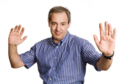 silly mature man making stop with his hands