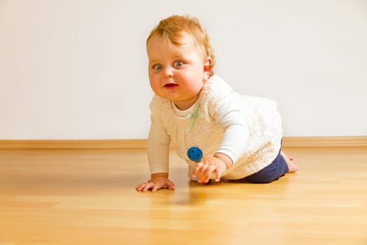 Baby crawling on the wooden floor