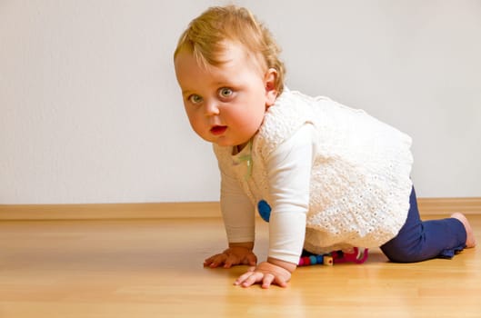 Baby crawling on the wooden floor