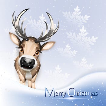 Christmas blue card with cute reindeer over snow