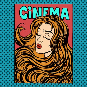 Movie poster woman actress heroine cinema pop art retro style. Beauty romance love