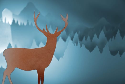 Merry christmas new year handmade paper cut greeting card with wooden texture deer and winter forest landscape background.