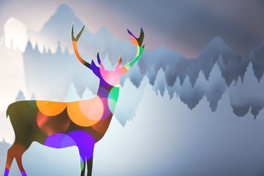 Merry christmas new year handmade paper cut greeting card with deer reflecting bokeh lights and winter forest landscape background.