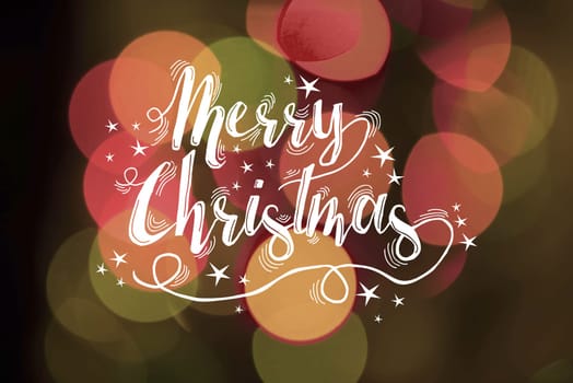 Merry christmas card, text label with stars and hand drawn elements on bokeh abstract blur background. Ideal for holiday greetings, xmas poster or web.