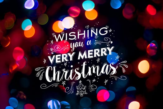 Merry christmas card, text label with pine tree and cute hand drawn holiday elements on bokeh light background. Ideal for season greetings, xmas poster or web.
