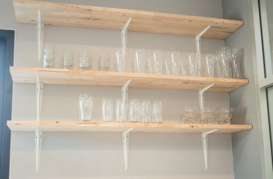 Front view of glass wooden shelf, stock photo