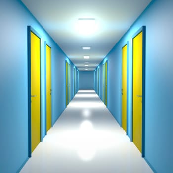 Corridor with closed doors in office, residential building or hotel