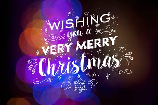 Wishing you a very merry christmas greeting card design with holiday doodle elements, xmas tree and stars on bokeh light background.