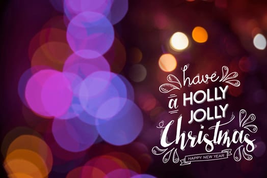 Merry Christmas Happy New Year holly jolly text label with cute doodle elements on bokeh blur background. Ideal for holiday greeting card, xmas poster or campaign.