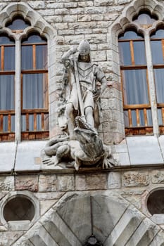 Botines Palace in Leon, Spain. Detail on the facade of St. George the Dragon