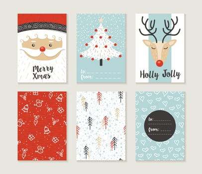 Merry Christmas greeting card set with cute xmas tree, santa and deer retro designs. Includes holiday themed seamless patterns. EPS10 vector..