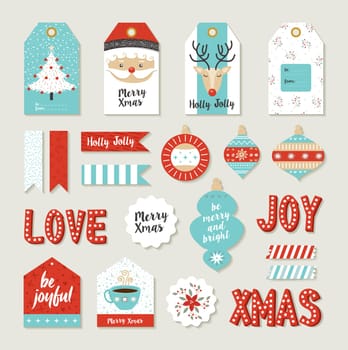 Merry christmas scrapbook set of printable DIY tags, signs and banners for holiday gifts or xmas decoration. EPS10 vector.