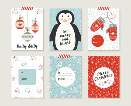 Merry Christmas greeting card set with cute penguin, xmas bauble decoration and winter mittons retro designs. Includes holiday themed seamless patterns. EPS10 vector.