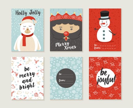 Merry Christmas greeting card set with cute polar bear, santa elf and snowman retro designs. Includes holiday themed seamless patterns. EPS10 vector.
