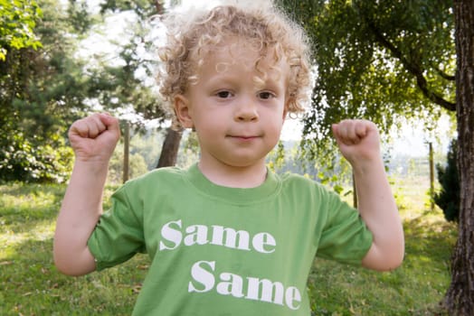 a portrait of a little blond curly boy