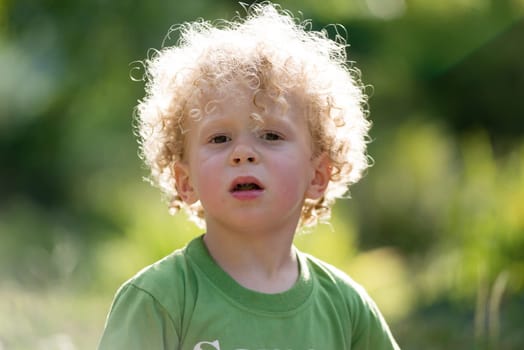 a portrait of a little blond curly boy