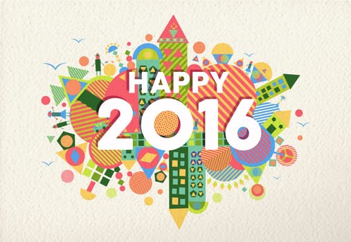 Happy New Year 2016 retro colorful design with fun geometry elements on paper texture background. Ideal for holiday greeting card, poster or web. EPS10 vector.