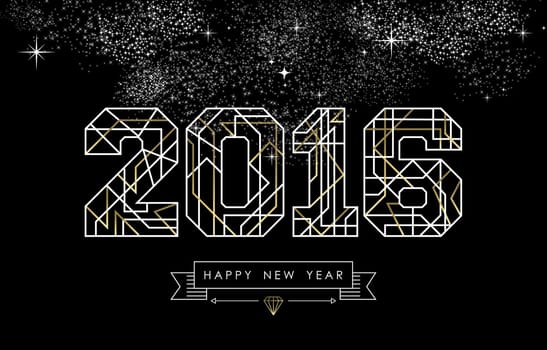 Happy New Year greeting card design in art deco outline style, gold and white 2016 sign with hipster label. Ideal for poster, holiday campaign or web. EPS10 vector.   .