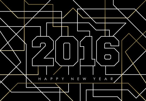 Happy new year abstract deco gold design with 2016 sign in outline style. Ideal for holiday greeting card, poster, campaign or web. EPS10 vector.
