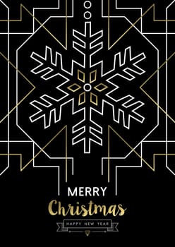 Merry Christmas Happy New Year snowflake frame design in gold art deco retro style. Ideal for elegant holiday party invitation, xmas greeting card or web. EPS10 vector.