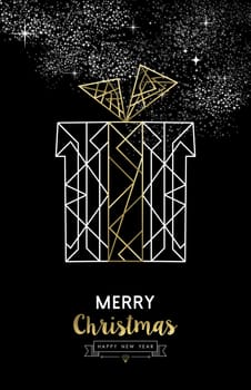 Merry Christmas Happy New Year santa gift in outline gold art deco style. Ideal for xmas greeting card, holiday poster or web. EPS10 vector.